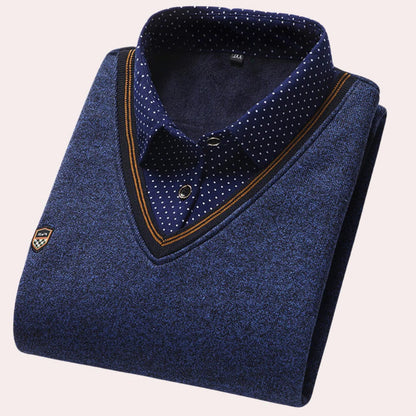 Men's Belro shirt collar sweater, close-up of the collar and upper chest showing the knit fabric and style details.