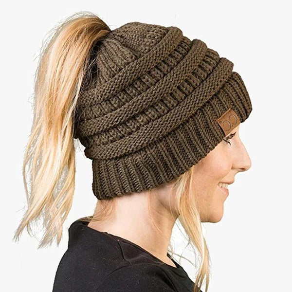 Belro ponytail beanie with messy bun style, solid ribbed knit women's hat, versatile hair accessory for casual wear