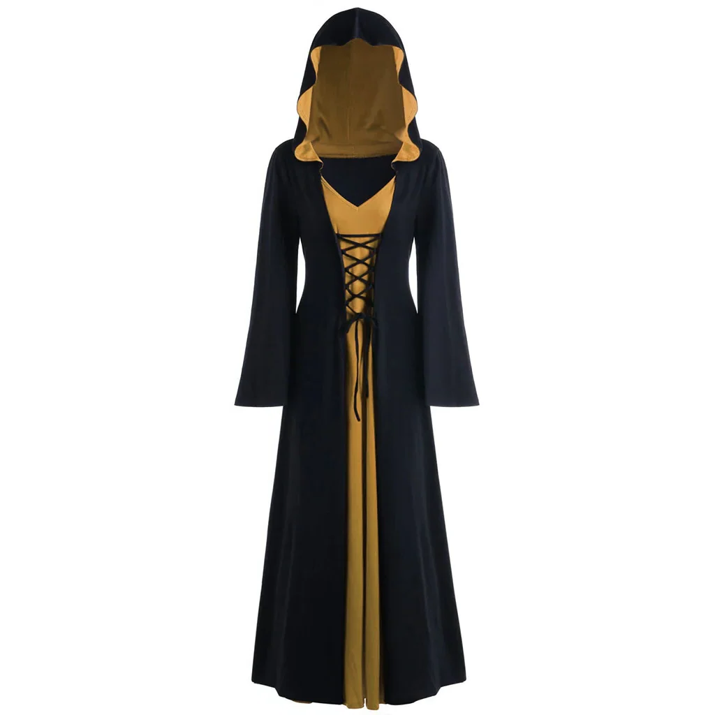 Belro vampire witch medieval dress for women with lace-up hooded cloak and robe, gothic fantasy costume clothing.