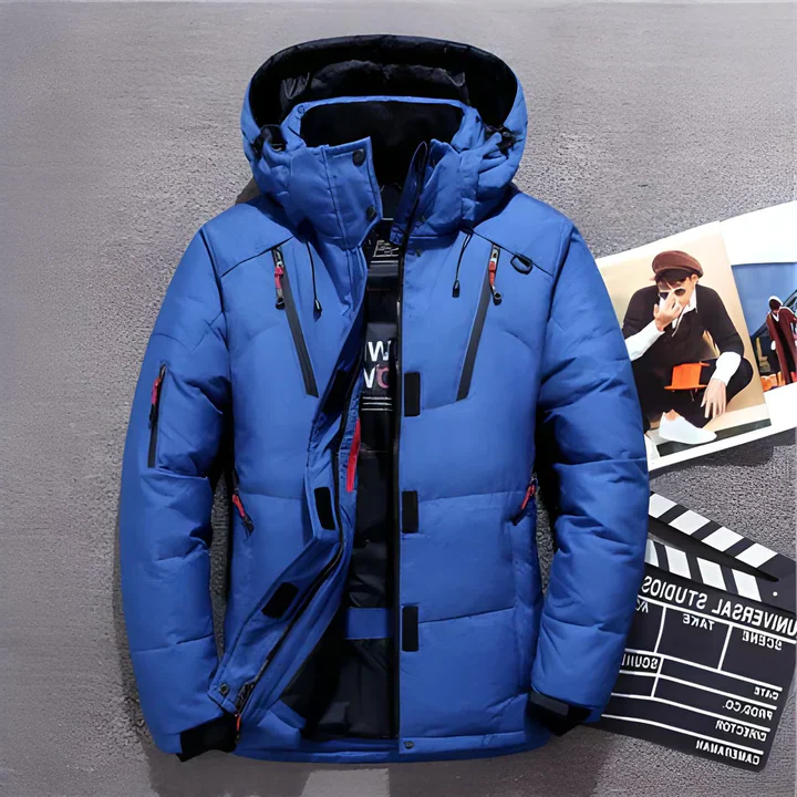 Belro luxurious down jacket in black with a high collar, showcasing its padded, insulated design and sleek style.