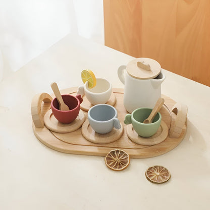 Children’s pretend afternoon tea set with tray by Belro, featuring toy teapot, cups, and snacks for imaginative play in kitchen and dining.