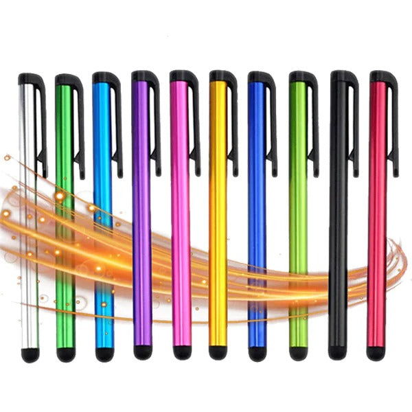 Set of 10 Belro universal touchscreen styluses with soft rubber tips for tablets and smartphones, shown with black and gray tips.