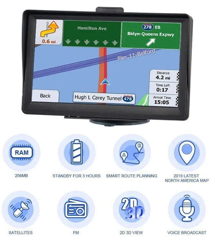 Belro 7-inch GPS navigation system displaying map interface with route guidance and digital controls.