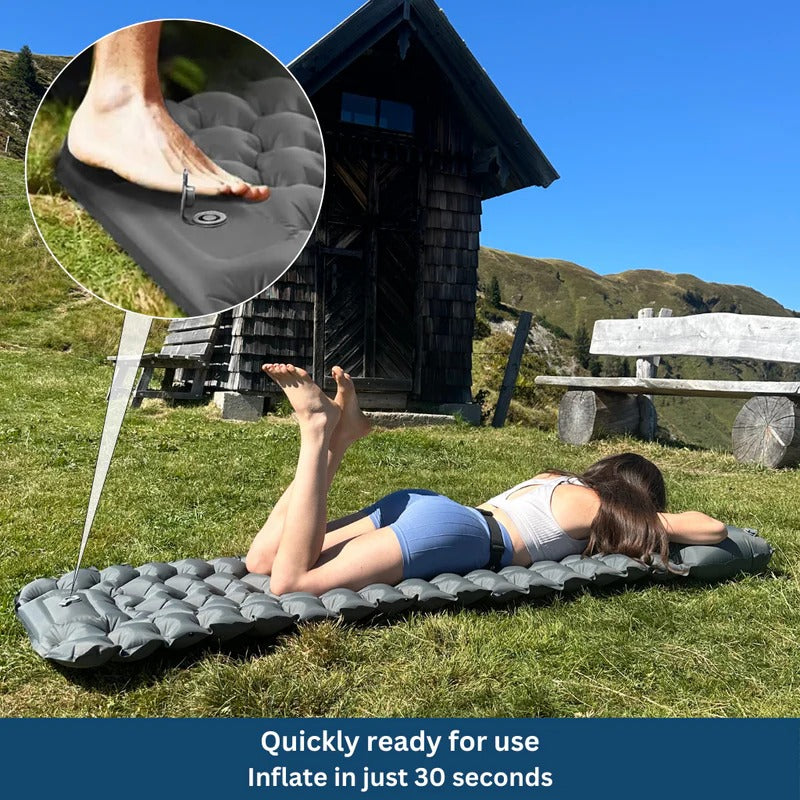 Belro ultralight and compact sleeping pad, outdoor camping gear with foam surface and adjustable straps for portable comfort.