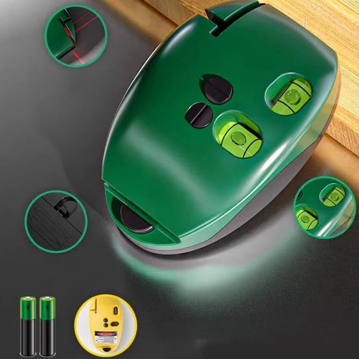 Belro precision laser level for accurate 90° angles, showing the tool with laser beam and measurement markings in a workshop setting.