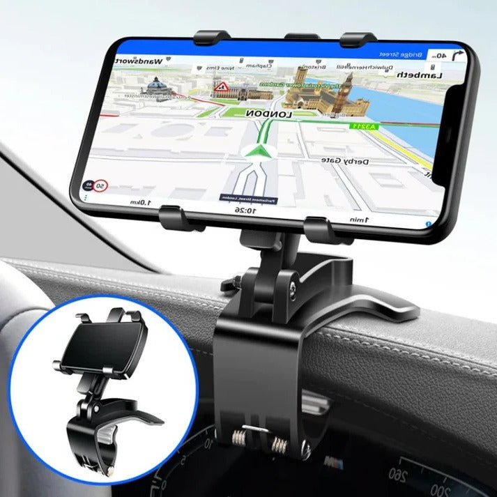 Belro multifunctional car phone holder mounted on dashboard, showing adjustable grip and secure attachment for smartphones.