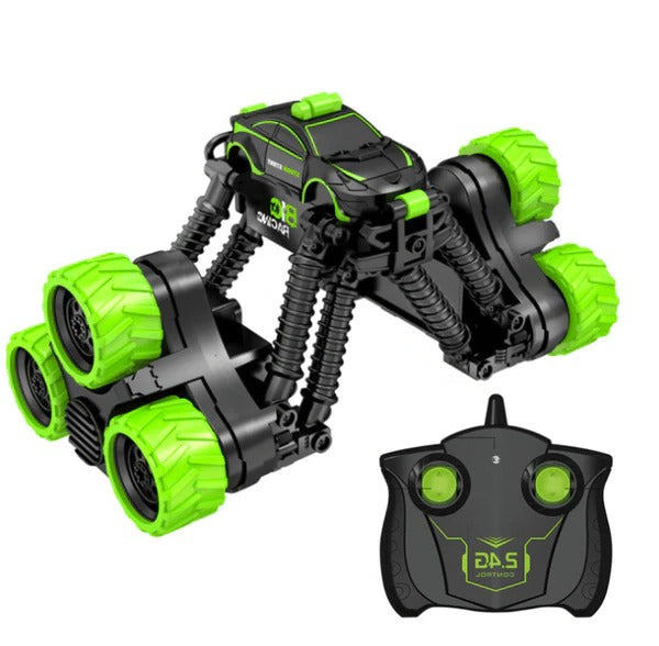 Kids Belro high-speed 360° rotating remote-controlled RC car toy on a smooth surface, showcasing its dynamic motion.