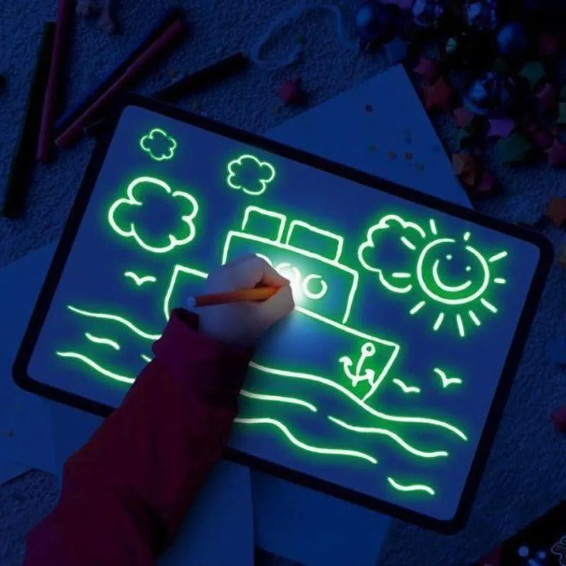 Belro Magic LED Light Drawing Pad for kids showing a bright illuminated drawing surface with colorful sketches.