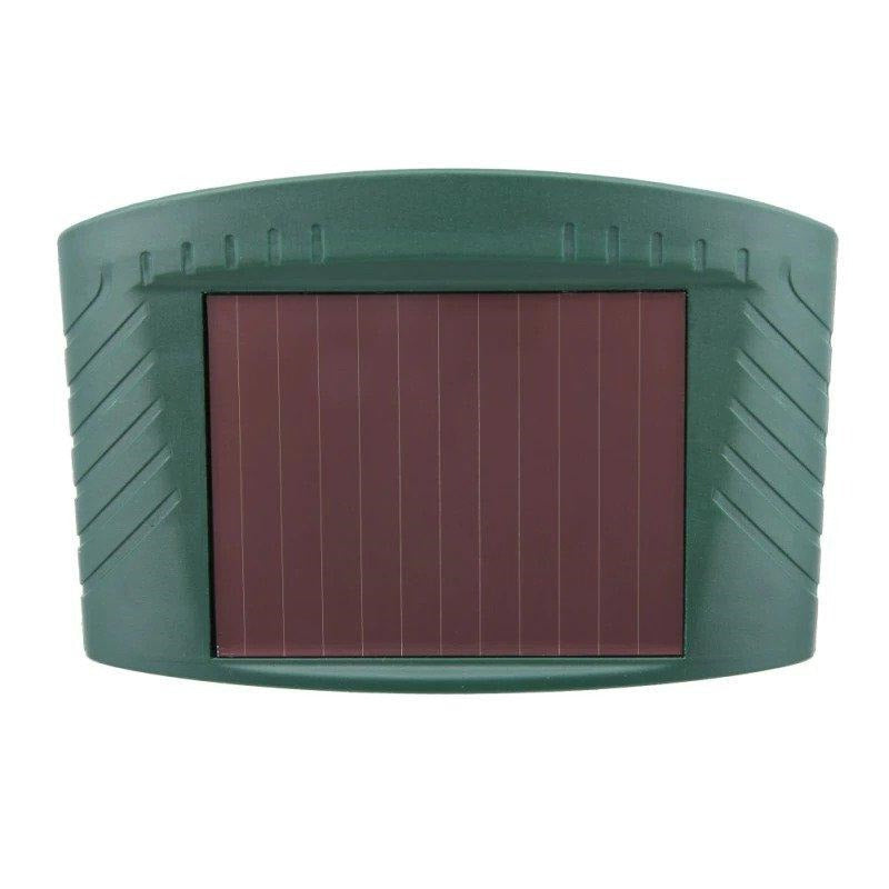 Belro solar-powered ultrasonic animal repellent device for outdoor pest control, with solar panel and motion sensor in a garden setting.