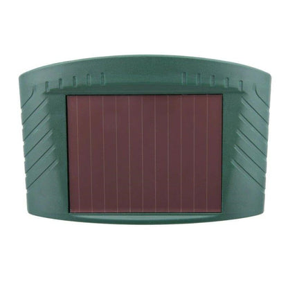 Belro solar-powered ultrasonic animal repellent device for outdoor pest control, with solar panel and motion sensor in a garden setting.