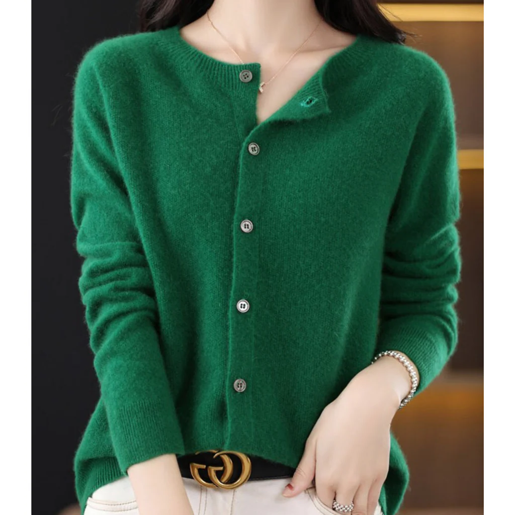 Belro women's round neck cardigan sweater, showcasing soft knit fabric and classic design, ideal for casual or office wear.