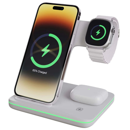 Belro 3-in-1 Apple charger dock for iPhone, Apple Watch, and AirPods, silver electronic power and charging station on a desk.