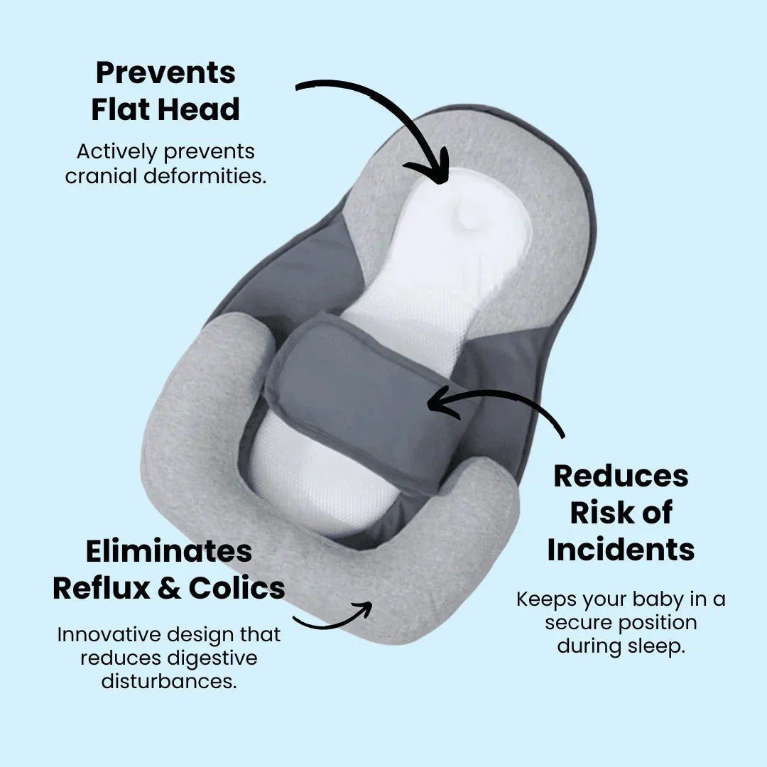 Belro anti-spit-up infant pillow with soft, supportive fabric designed for babies, shown in a cozy nursery setting.