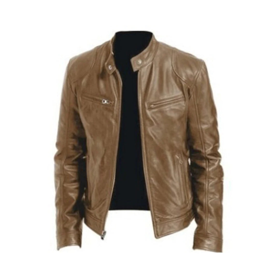 Men's leather jacket by Belro featuring a classic design with a smooth black finish and zipper details.
