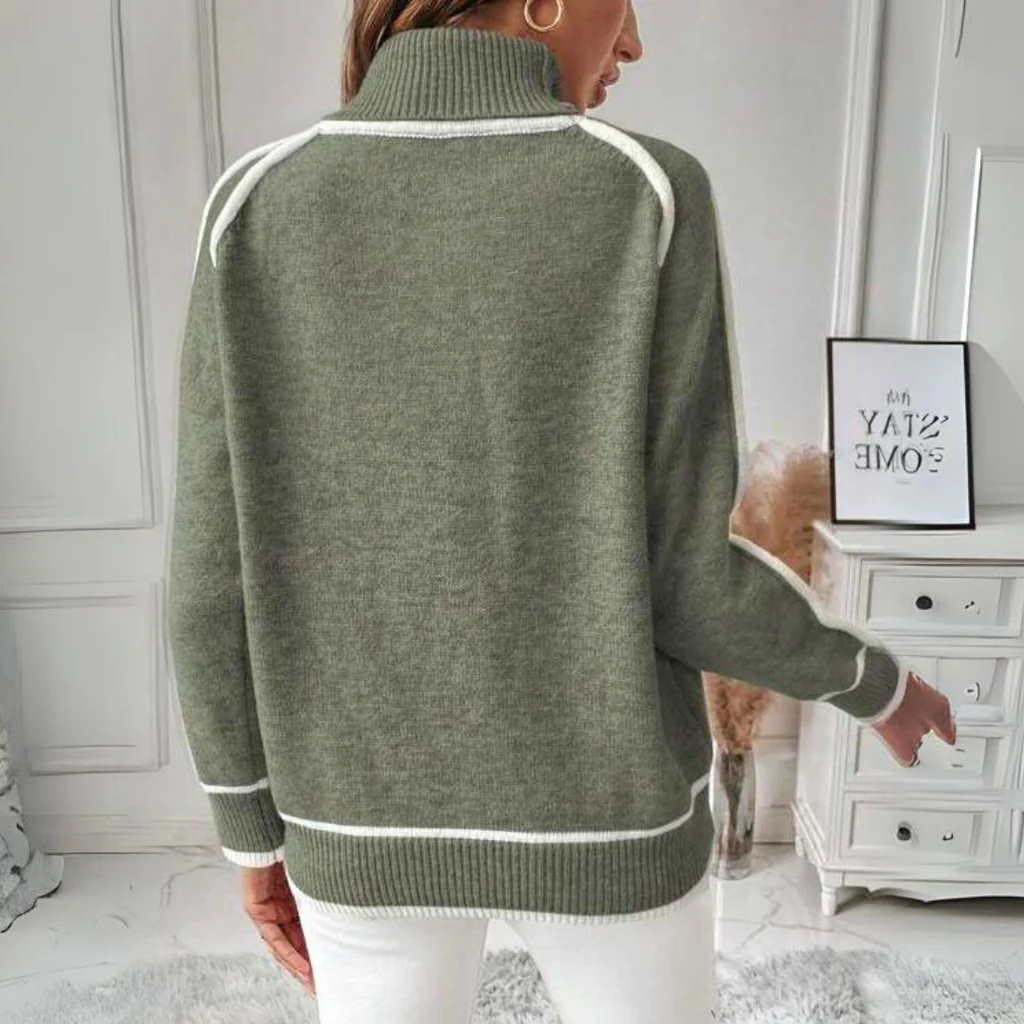 Olive green knitted sweater by Belro, cozy and stylish clothing item with textured knit pattern, worn by a model.