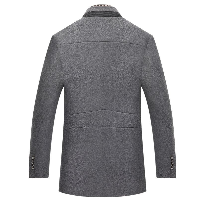 Belro men's wool coat, stylish and warm, shown hanging on a wooden hanger with a classic design and tailored fit.