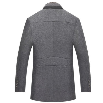 Belro men's wool coat, stylish and warm, shown hanging on a wooden hanger with a classic design and tailored fit.