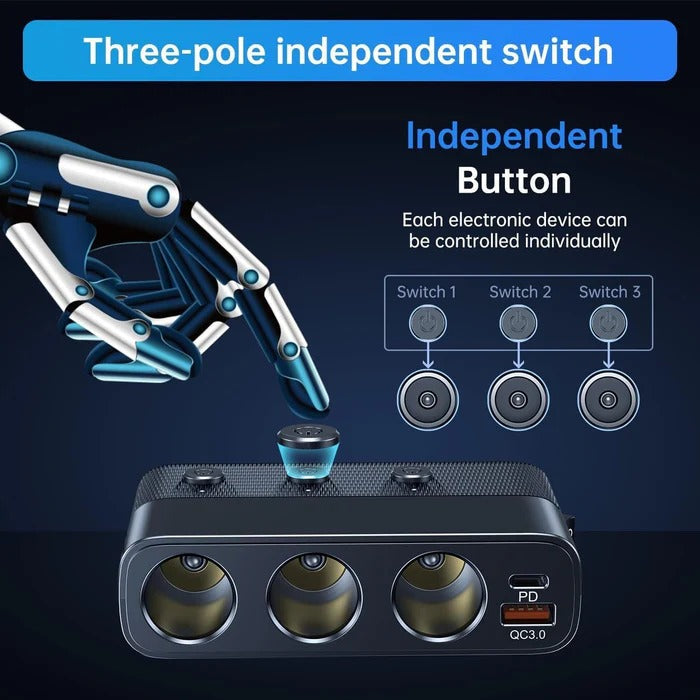 Belro 7-in-1 car cigarette lighter adapter with multiple USB ports and charging sockets for vehicle electronic devices.