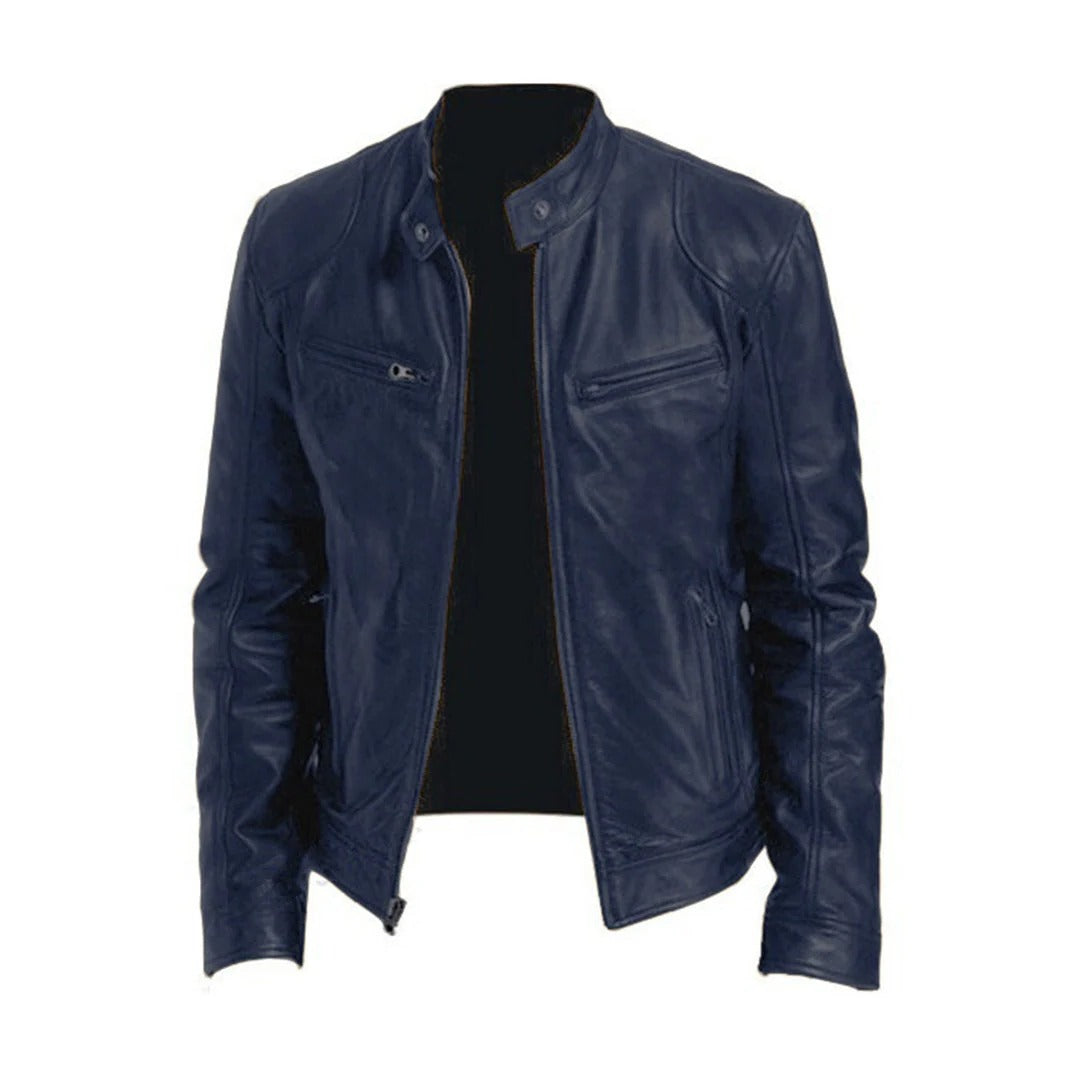 Men's black leather jacket by Belro, featuring a classic fit with detailed stitching and a front zip closure.