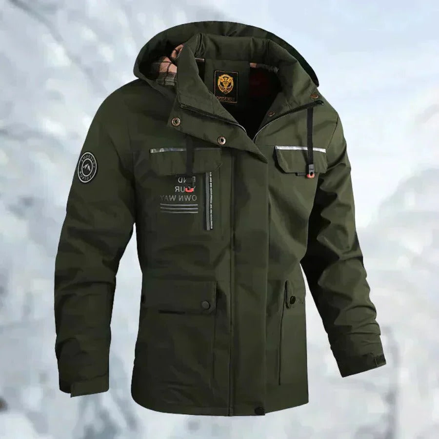 Belro men's windproof and waterproof outdoor jacket with hood, showing durable fabric and full front zipper.