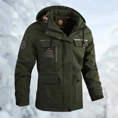 Belro men's windproof and waterproof outdoor jacket with hood, showing durable fabric and full front zipper.