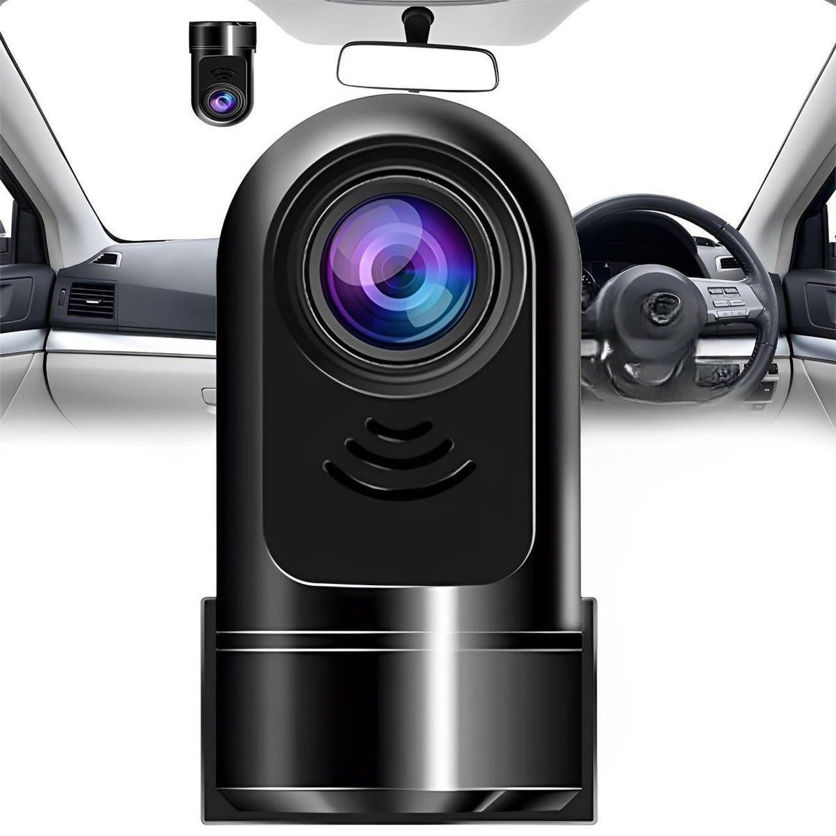 Belro car dashcam with surveillance camera mounted on vehicle dashboard, capturing driving footage and security video.