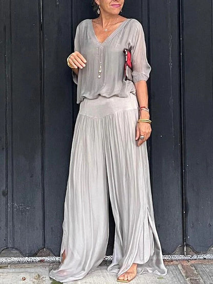 Belro elegant two-piece wide-leg chiffon pants set, featuring flowing fabric and stylish design, perfect for sophisticated outfits.