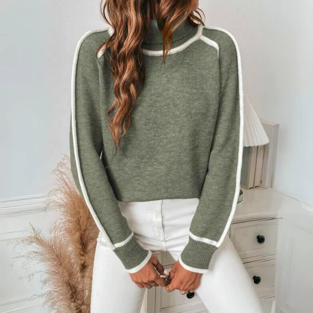 Olive green knitted sweater by Belro, showing the cozy, textured fabric and classic fit on a mannequin.