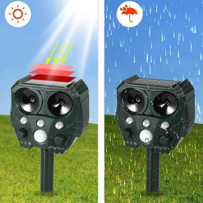 Belro ultrasonic cat repellent device emitting noise and ultrasound to deter cats, foxes, rats, squirrels, and dogs outdoors.
