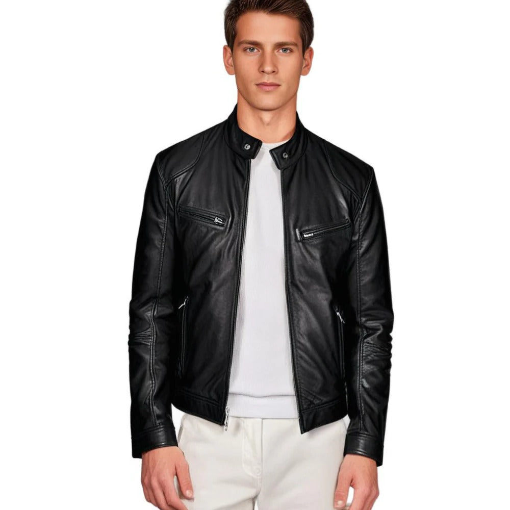 Men's black leather jacket by Belro featuring a classic design with a front zipper and stylish collar.