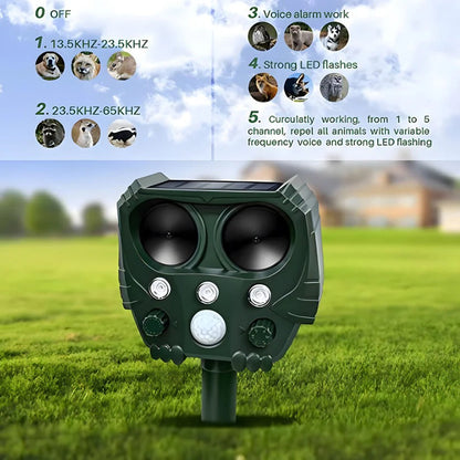 Belro ultrasonic cat repellent device emitting sound waves to deter cats, foxes, rats, squirrels, and dogs in outdoor pest control.