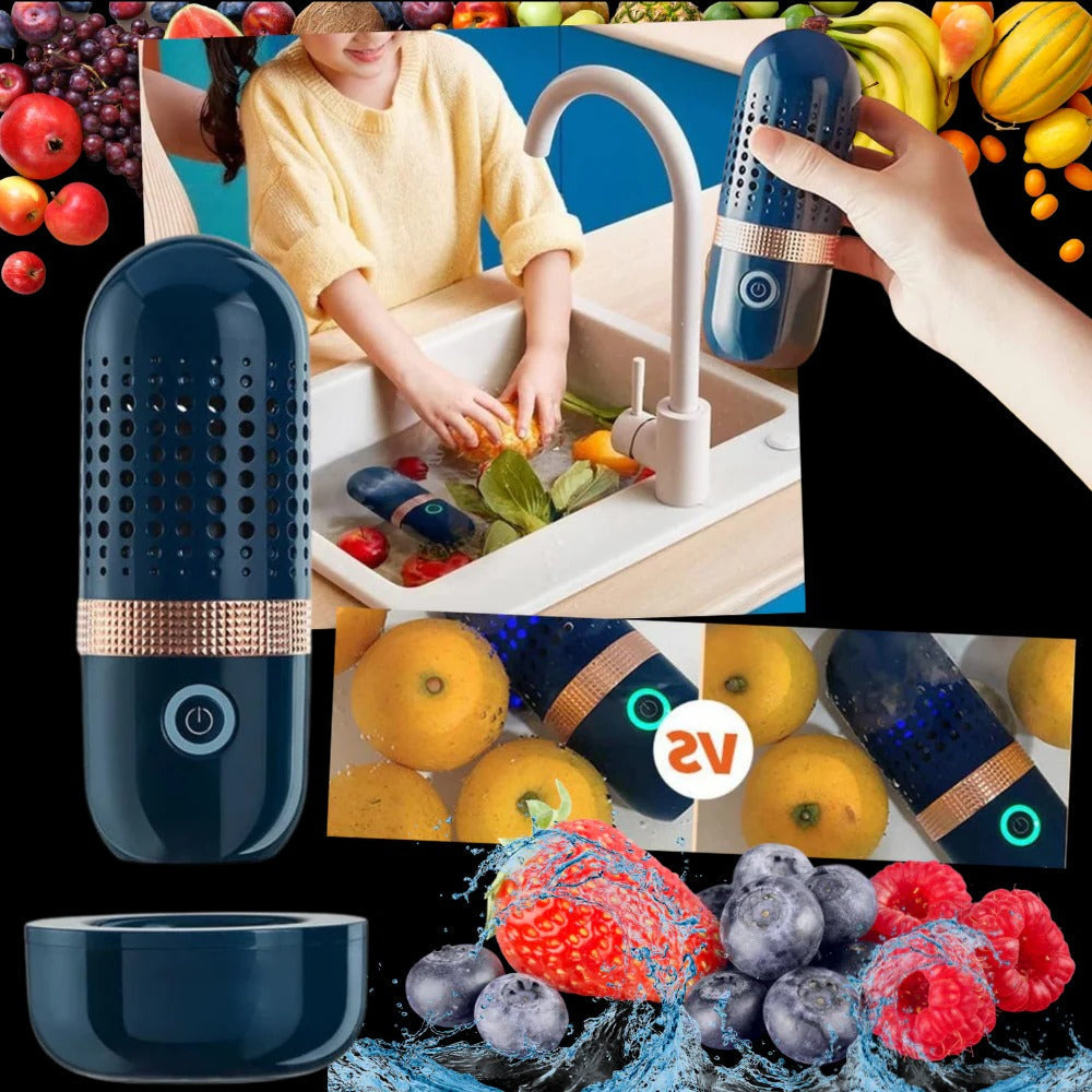 Belro wireless fruit and vegetable cleaning machine in outdoor setting, showcasing compact design and cleaning features.
