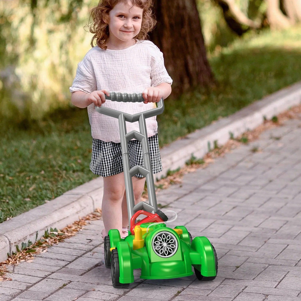 Belro Bubble Lawn Mower Toy for outdoor play, colorful plastic toy lawnmower with bubble solution container, kids outdoor toy.