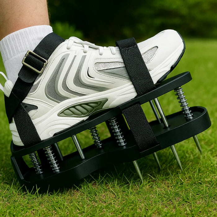 Belro men's aerator shoes for lawn care, featuring adjustable straps and sturdy design for easy grass aeration.