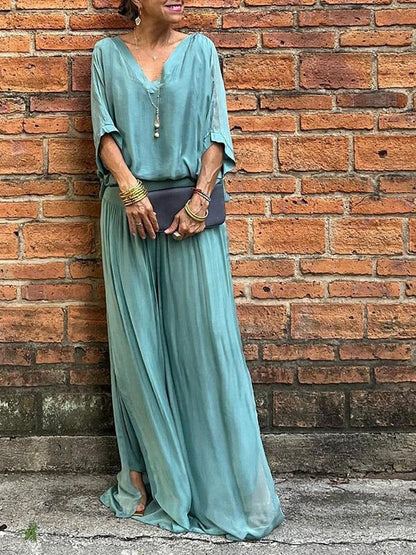 Belro elegant two-piece wide-leg chiffon pants set, flowing fabric and stylish design, shown on a model.