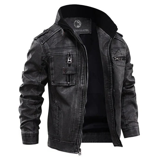 Men's Belro motorcycle jacket with protective armor, black outer shell, and reflective accents for riding safety.