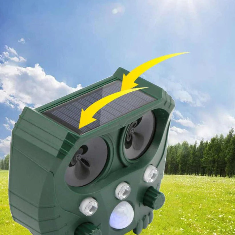 Belro ultrasonic cat repellent device emitting ultrasound and noise, designed to deter cats, foxes, rats, squirrels, and dogs outdoors.