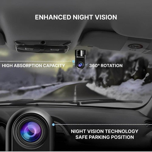 Belro car dashcam with surveillance camera showing front view mounted inside vehicle with dashboard and road in background.