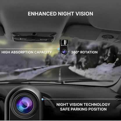 Belro car dashcam with surveillance camera showing front view mounted inside vehicle with dashboard and road in background.