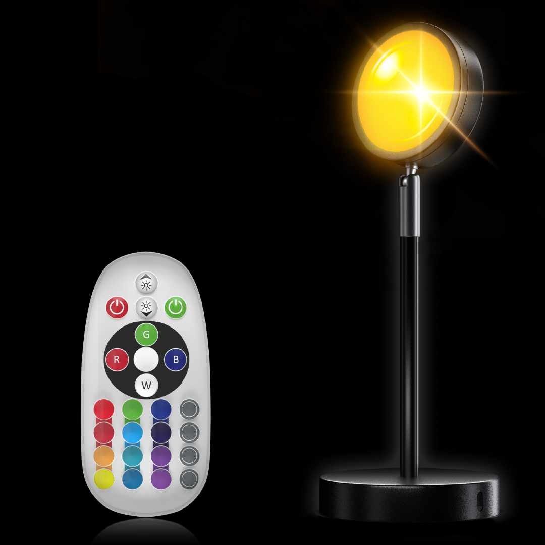 Belro Smart Sunset Lamp Deluxe emitting warm, colorful light in a modern living room setting, perfect for relaxing ambiance.