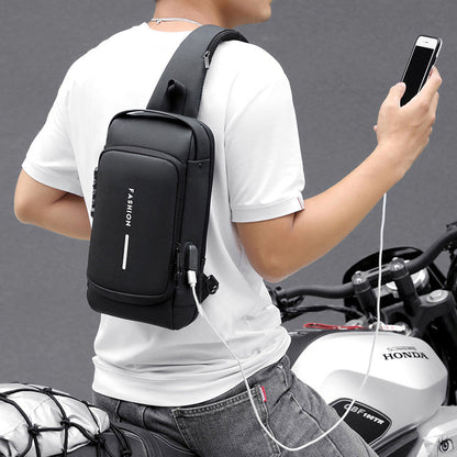 Belro anti-theft crossbody backpack with secure compartments, black fabric, adjustable strap, and modern design.
