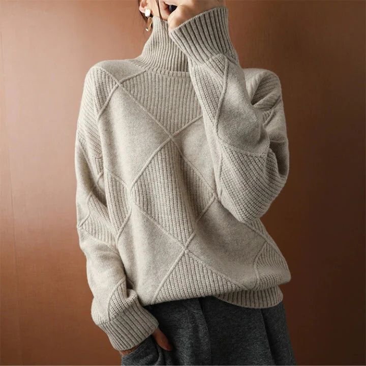 Belro knitted sweater, cozy woolen clothing with ribbed cuffs and collar, in a neutral color, displayed flat for styling.