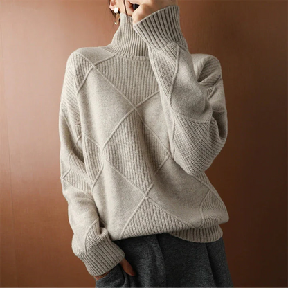 Belro knitted sweater, cozy woolen clothing with ribbed cuffs and collar, in a neutral color, displayed flat for styling.