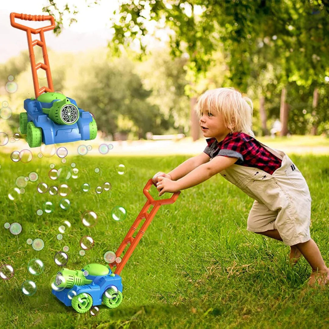 Belro Bubble Lawn Mower Toy for kids, outdoor toy with colorful bubble dispenser and realistic lawn mower design.