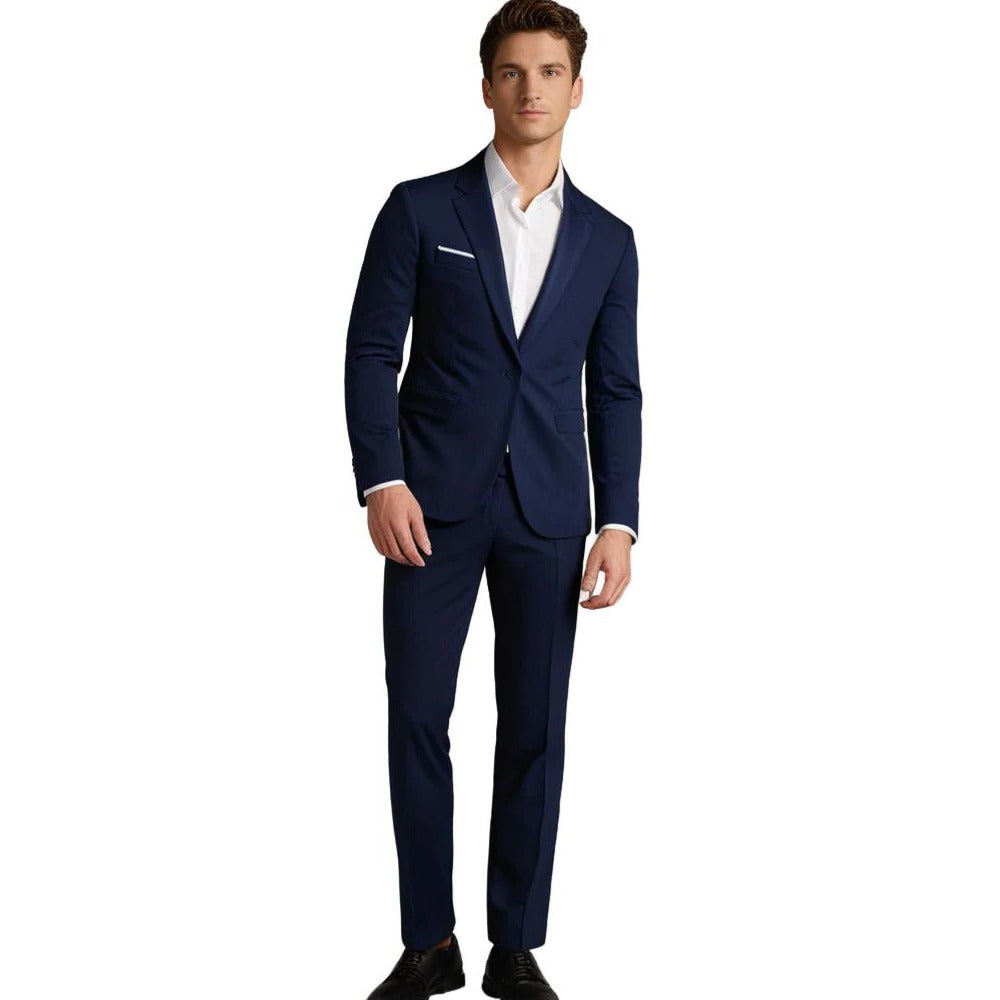 Men's Belro suit with blazer and trousers, formal clothing set, tailored fit, dark color, displayed on a hanger.