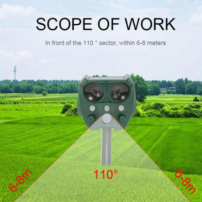Belro ultrasonic cat repellent device emitting ultrasound and noise to deter cats, foxes, rats, squirrels, and dogs outdoors.