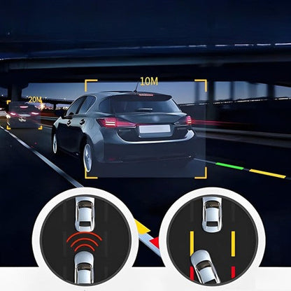 Belro car dashcam with surveillance camera showing front view, mounted on a vehicle windshield with dashboard in focus.