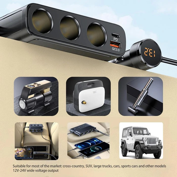 Belro 7-in-1 car cigarette lighter adapter with multiple charging ports for electronics and vehicle power accessories.
