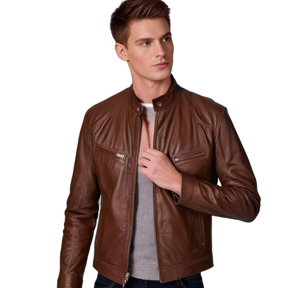 Men's Belro leather jacket featuring a classic design, shown hanging on a hanger with visible stitching and smooth leather texture.