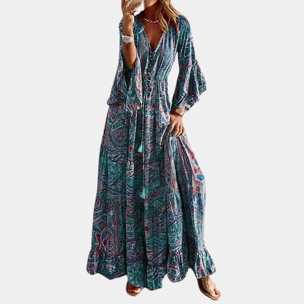 Belro bohemian long dress for women, flowing fabric with intricate patterns, perfect for casual or boho-chic styles.